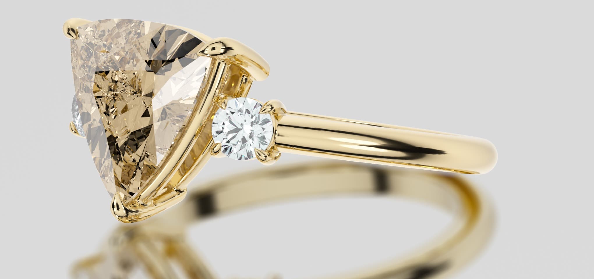 Champagne trilliant-cut diamond ring, three-stone in 18K yellow gold, rendered by 4rend Studio
