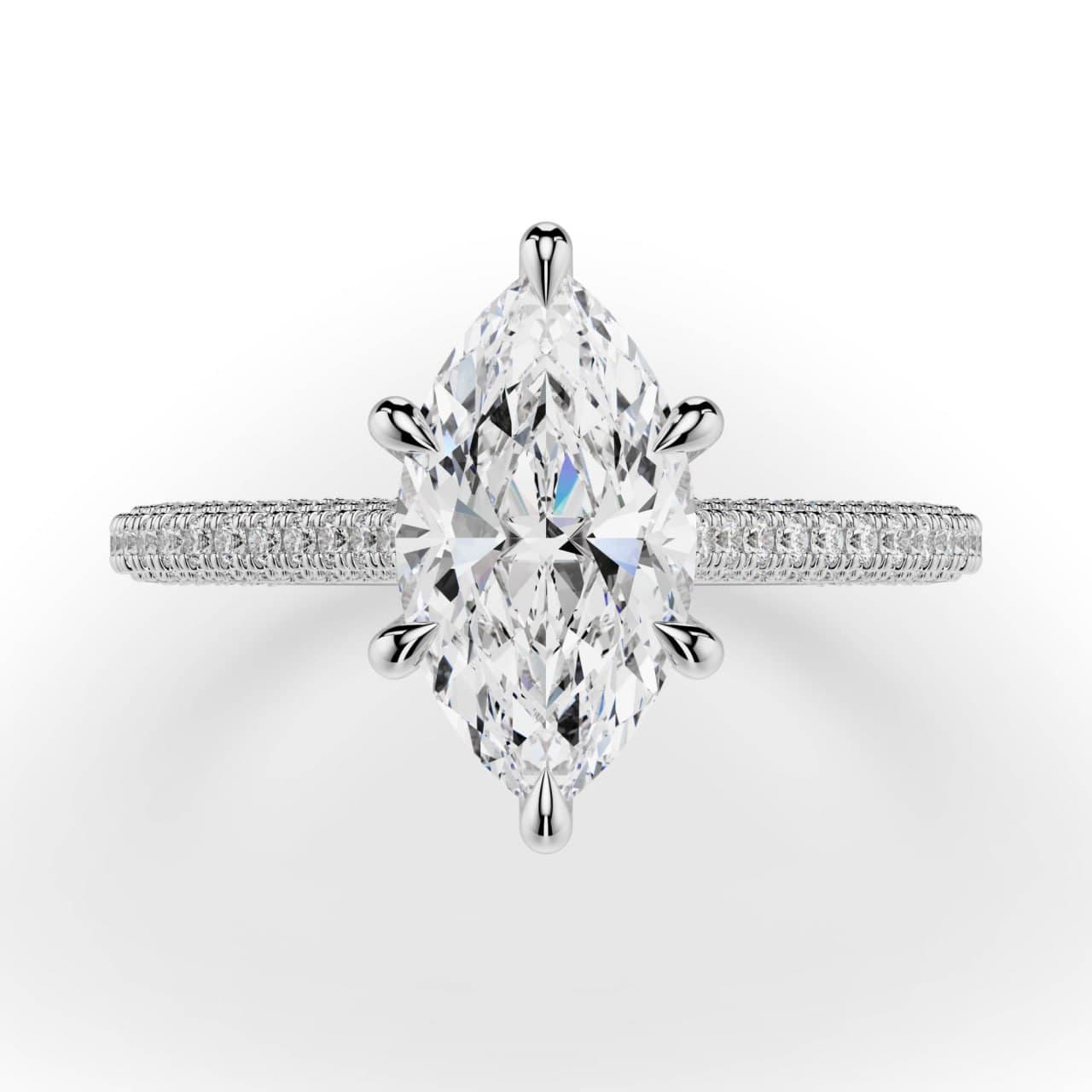 Marquise-cut diamond ring in white gold with micro-pavé, front view — photorealistic 3D render by 4rend Studio